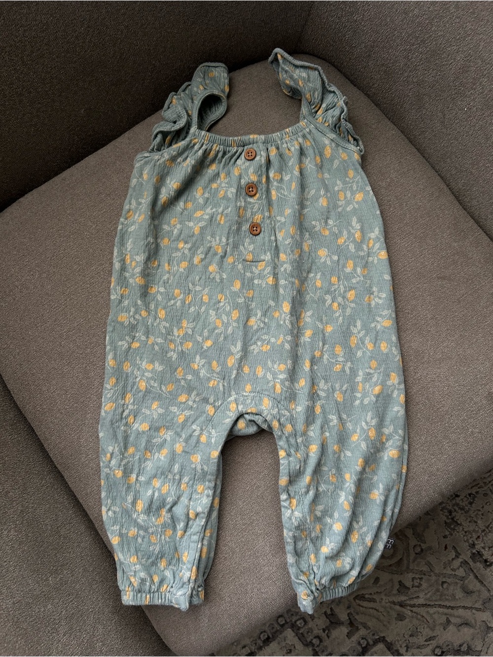 Ruffled Strap One-Piece Romper in Sage with Yellow Dots